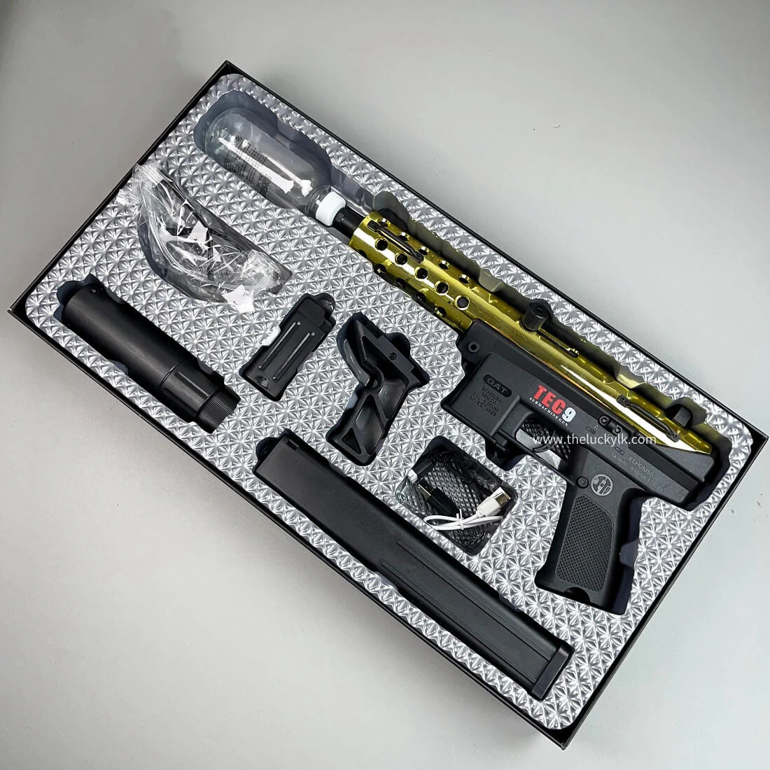 Gold/Sliver TEC9 Gel Blaster With 7 Colors of Lighted Silencer
