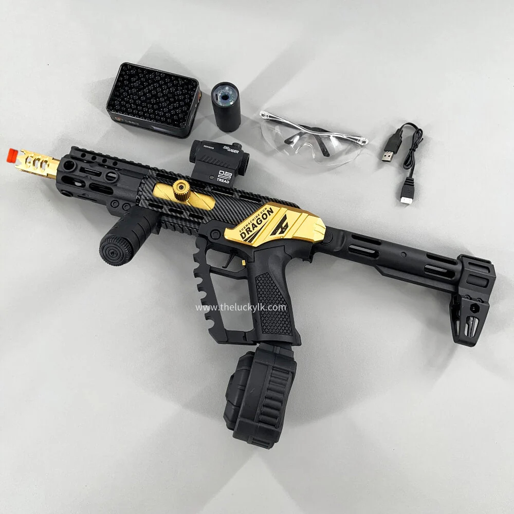 Carbon Fiber Gold Dragon MK17 Gel Blaster Equipped With A Multicolor Illuminated Suppressor