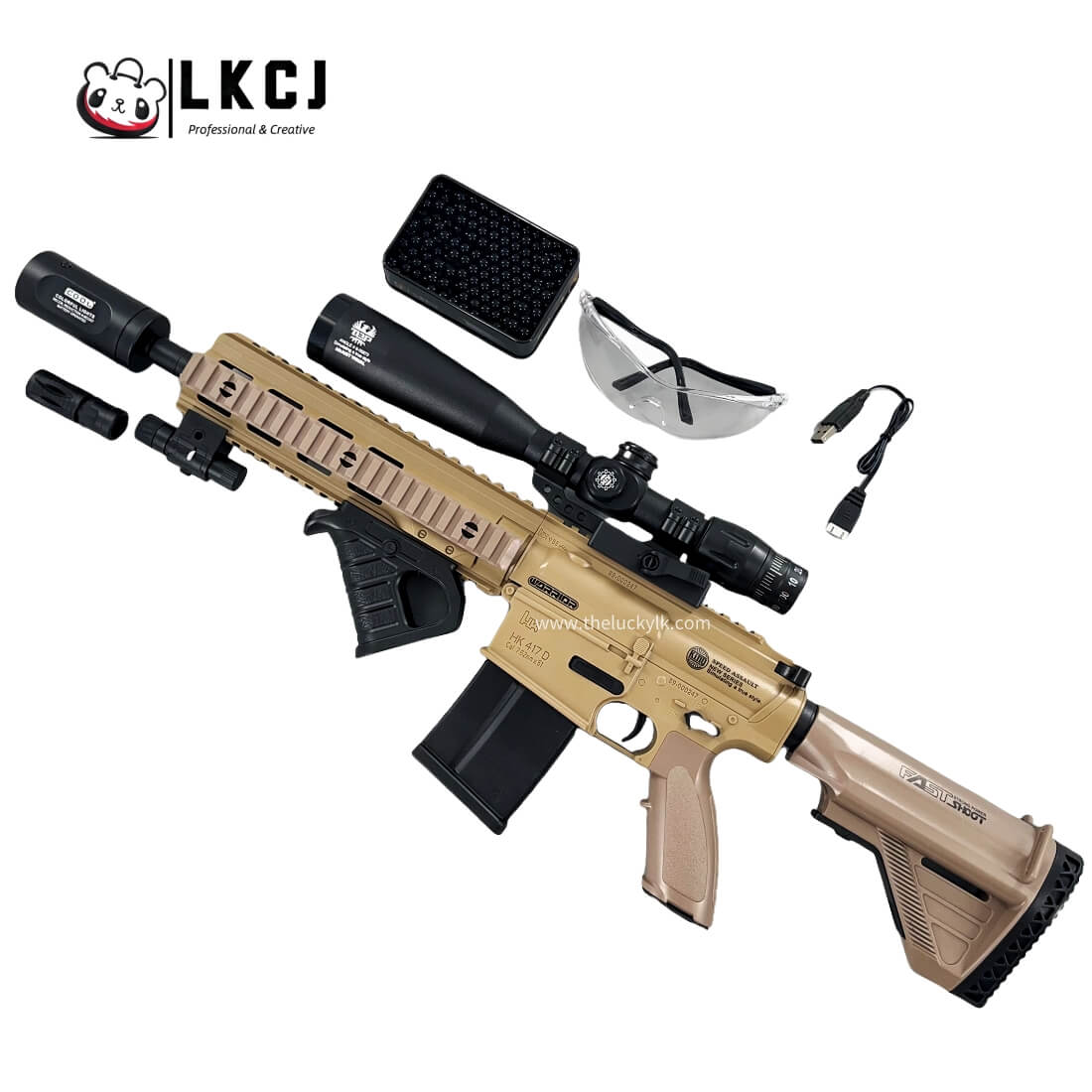 Exquisite Engraving HK417 Gel Blaster High Rate of Fire  Smooth Shooting With 7 Colors of Lighted Silencer