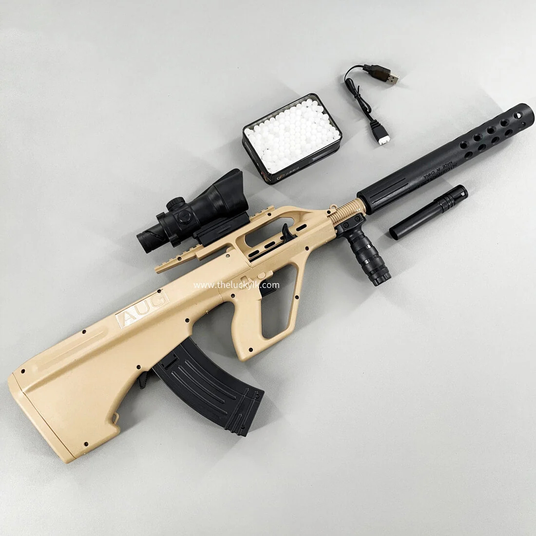 Mini Aug Gel Blaster With 7 Colors of Lighted Silencer Recommended Age Range: 10-15 Years