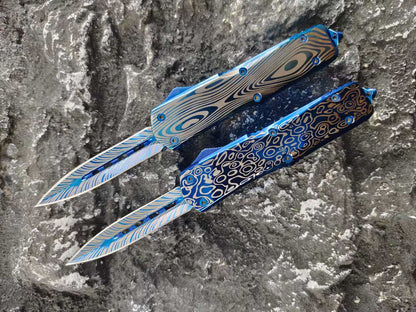 Blue Titanium Shark Tooth Dragon Straight Jump Knife