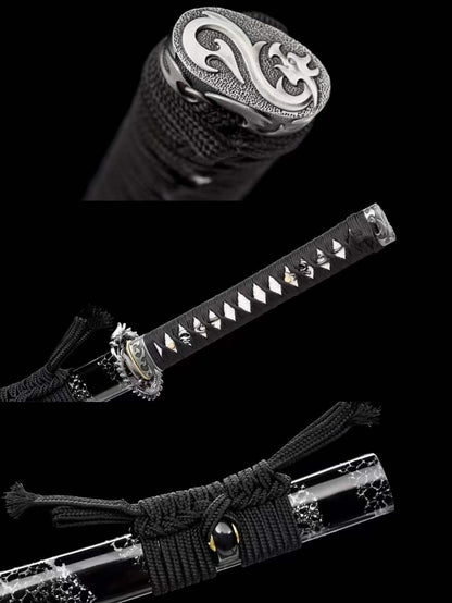 Damascus Samurai Katana [Silver Dragon Fighting Sword]