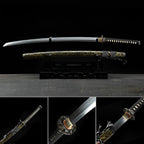 Hand Forged Japanese Samurai Katana Sea Wave Cutter Plate Pattern Steel Yellow
