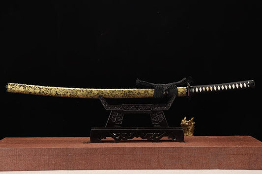 Hand Forged Japanese Samurai Katana Yama T8 carbon tool steel Yellow engraved knife sheath