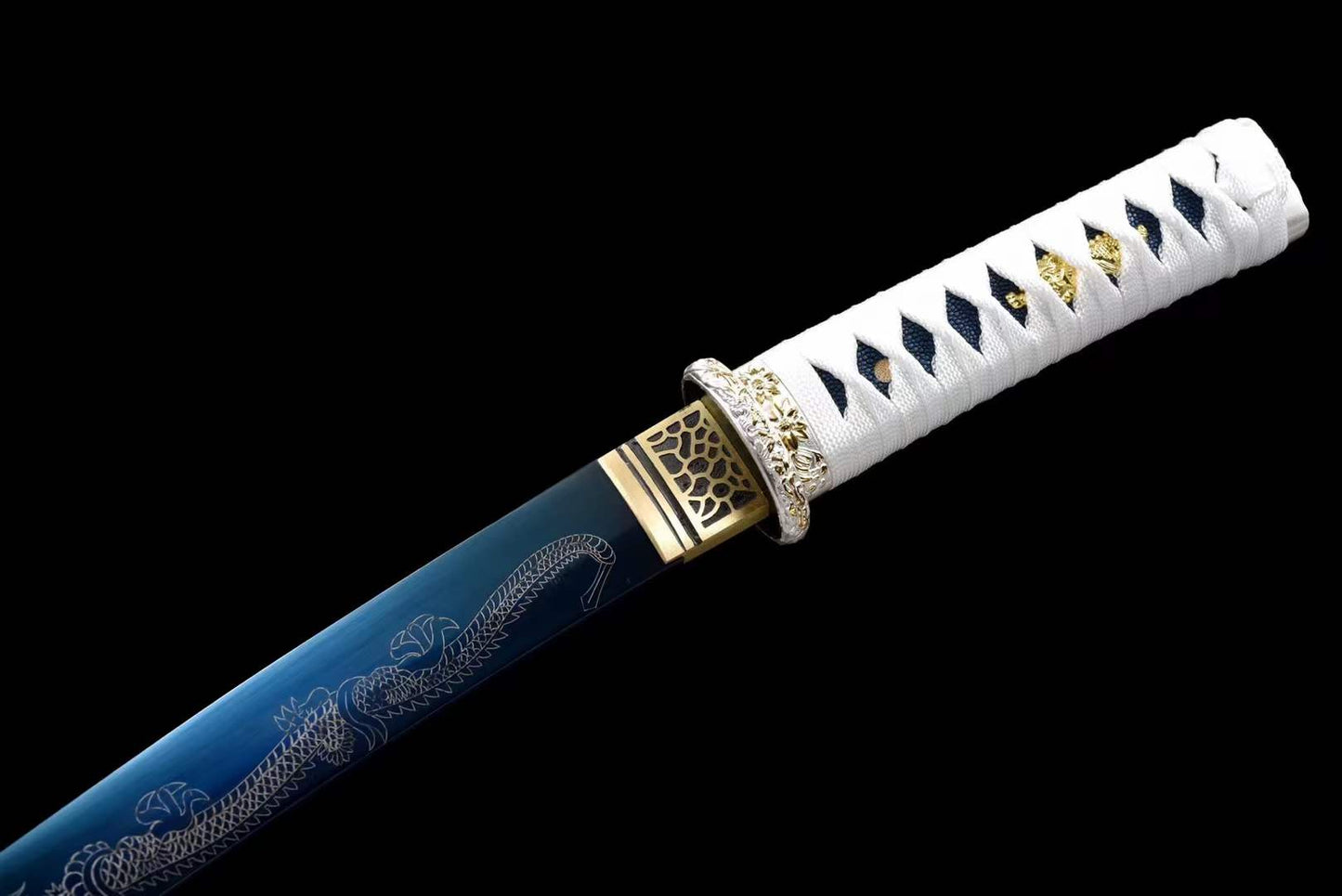 Handmade Japanese Wakizashi White Dragon Chant Short Sword Blue Blade