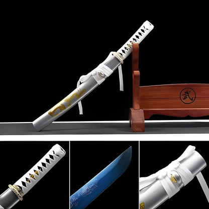 Handmade Japanese Wakizashi White Dragon Chant Short Sword Blue Blade