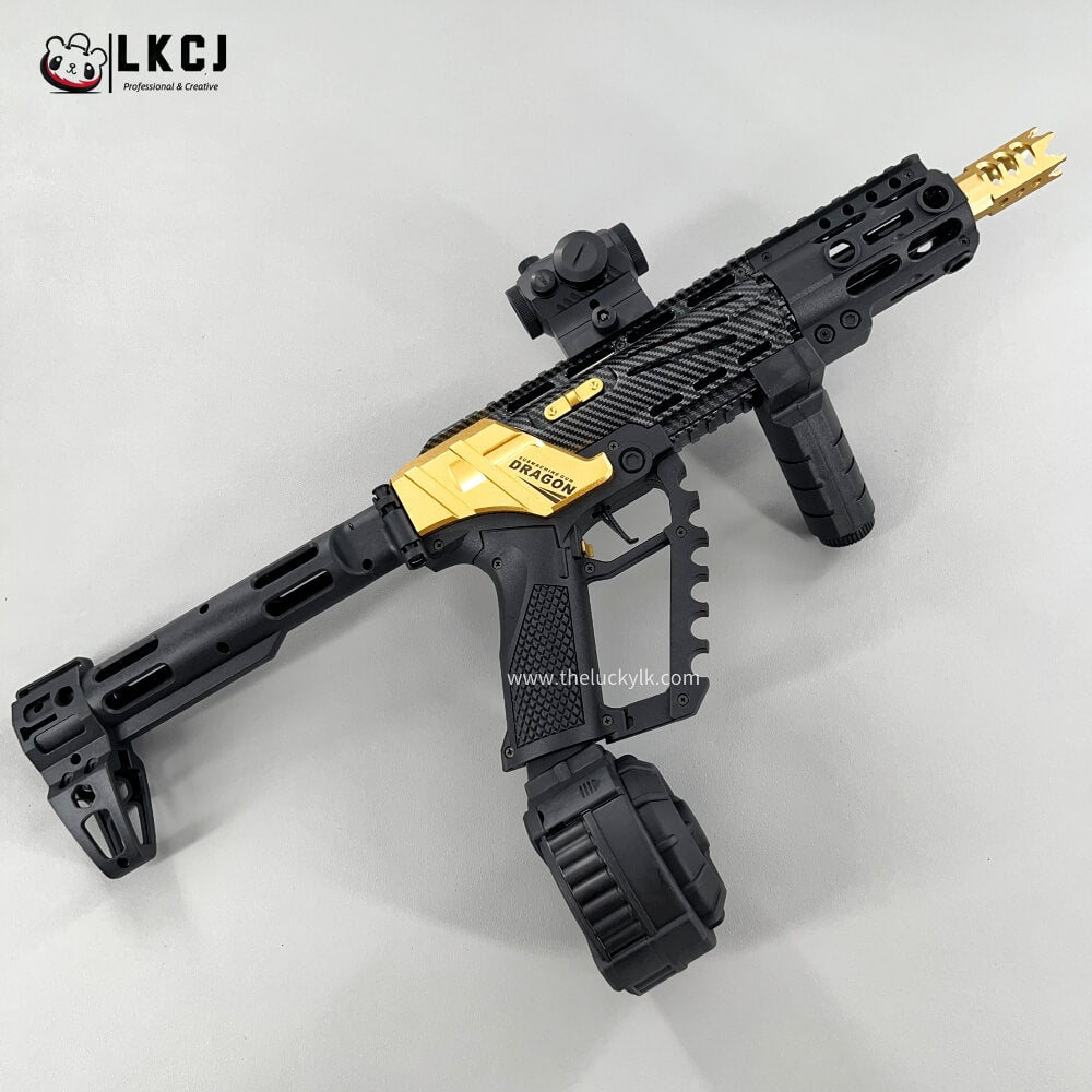 Carbon Fiber Gold Dragon MK17 Gel Blaster Equipped With A Multicolor Illuminated Suppressor