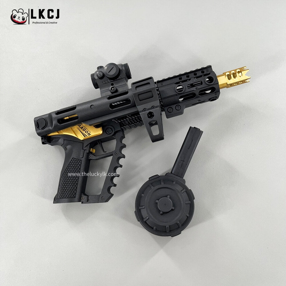 Carbon Fiber Gold Dragon MK17 Gel Blaster Equipped With A Multicolor Illuminated Suppressor