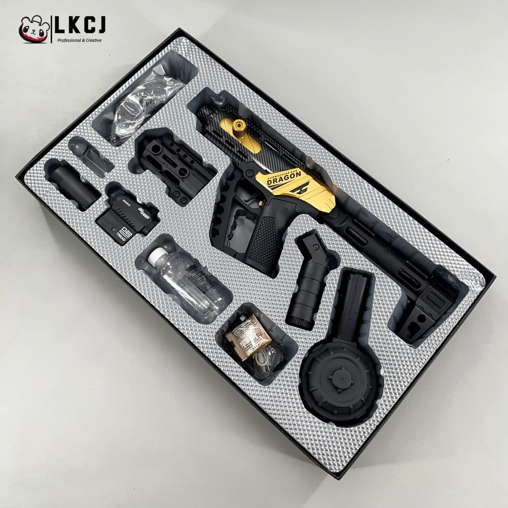 Carbon Fiber Gold Dragon MK17 Gel Blaster Equipped With A Multicolor Illuminated Suppressor